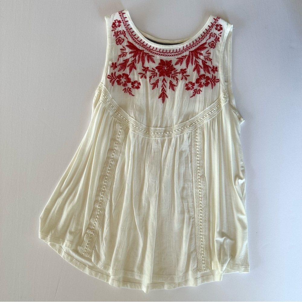 Knox Rose Cream Tank Top with Red Floral Embroidery